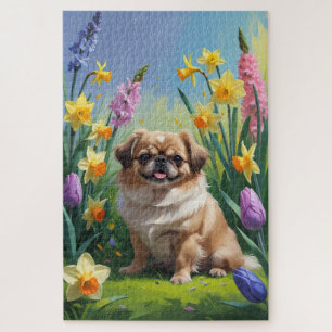 Pekingese Dog Spring Flowers Painting  Jigsaw Puzzle