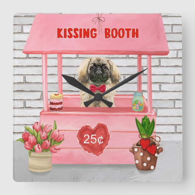 pekingese Dog Valentine's Day Kissing Booth Square Wall Clock (Front)