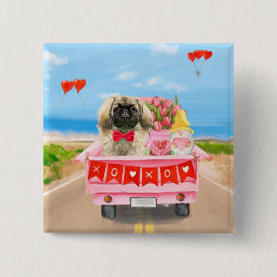Pekingese Dog Valentine's Day Truck Hearts 15 Cm Square Badge