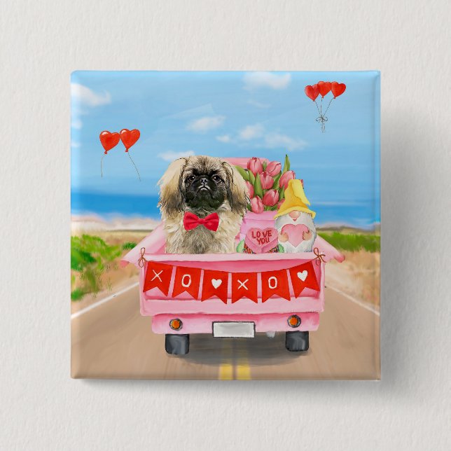 Pekingese Dog Valentine's Day Truck Hearts 15 Cm Square Badge (Front)