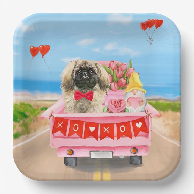 Pekingese Dog Valentine's Day Truck Hearts Paper Plate (Front)