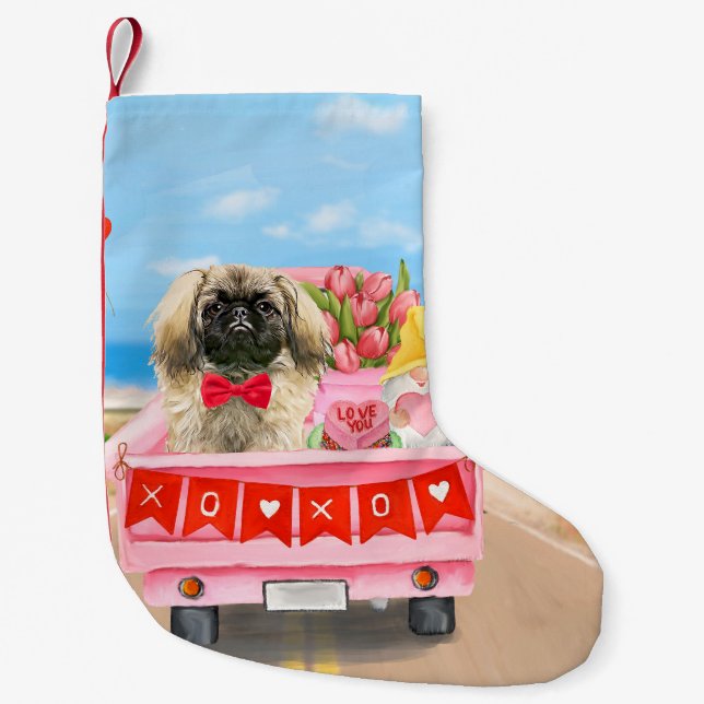 Pekingese Dog Valentine's Day Truck Hearts  Small Christmas Stocking (Front)