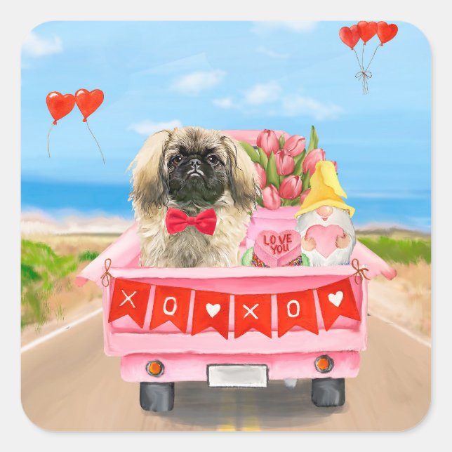 Pekingese Dog Valentine's Day Truck Hearts Square Sticker (Front)