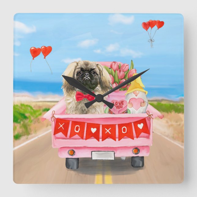 Pekingese Dog Valentine's Day Truck Hearts  Square Wall Clock (Front)