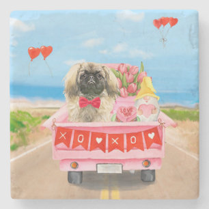 Pekingese Dog Valentine's Day Truck Hearts Stone Coaster