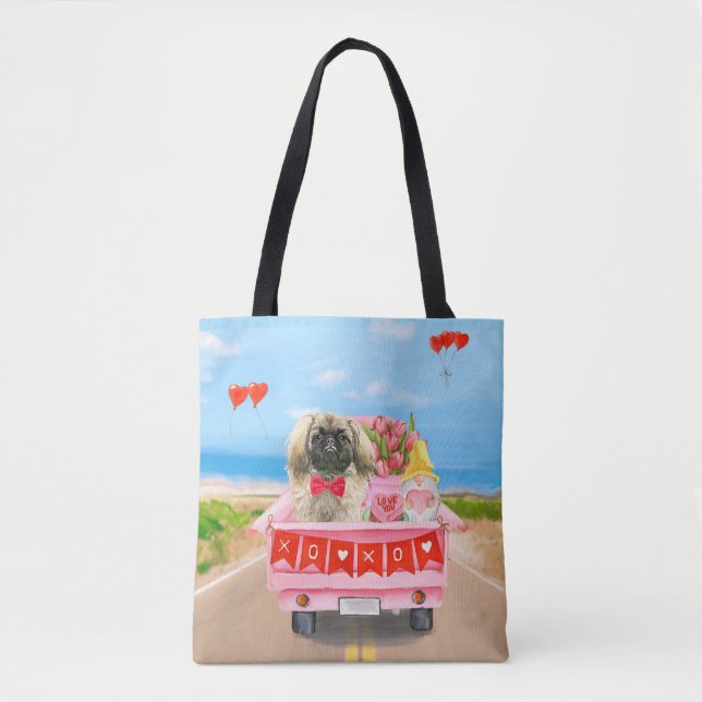 Pekingese Dog Valentine's Day Truck Hearts Tote Bag (Front)