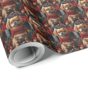 Pekingese Dog With Christmas Gifts Fireplace Wrapping Paper