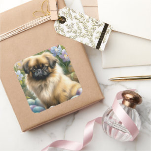 Pekingese Dog with Easter Eggs Holiday Square Sticker
