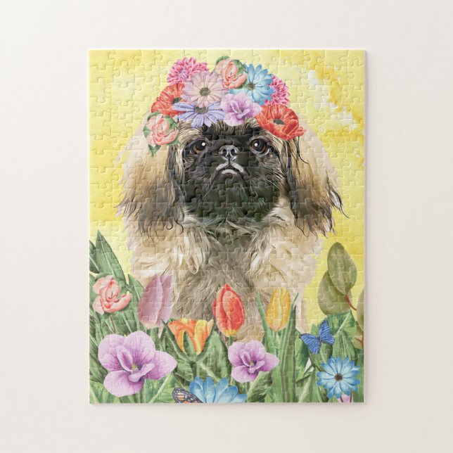 Pekingese Dog with Flowers Spring Jigsaw Puzzle (Vertical)