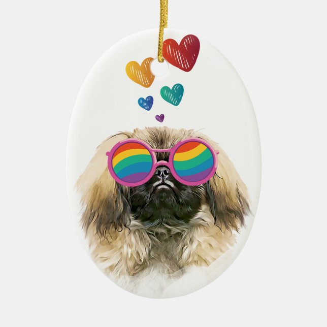 Pekingese Dog with Hearts Valentine's Day Ceramic Tree Decoration (Front)