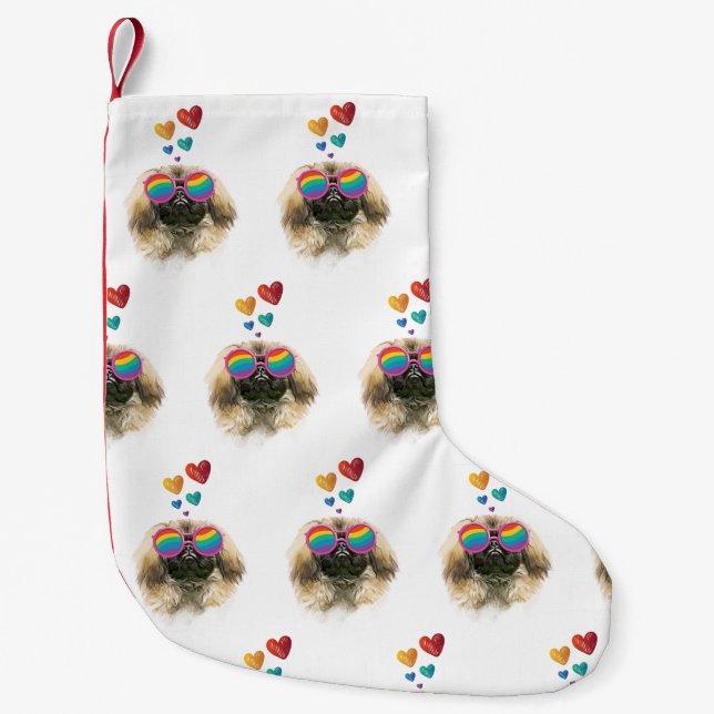 Pekingese Dog with Hearts Valentine's Day  Small Christmas Stocking (Front)