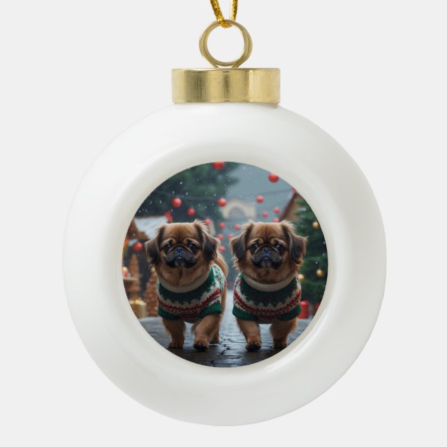 Pekingese Dogs Christmas Snow Holiday Ceramic Ball Christmas Ornament (Front)