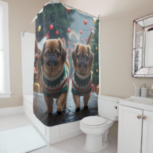 Pekingese Dogs Christmas Snow Holiday Shower Curtain