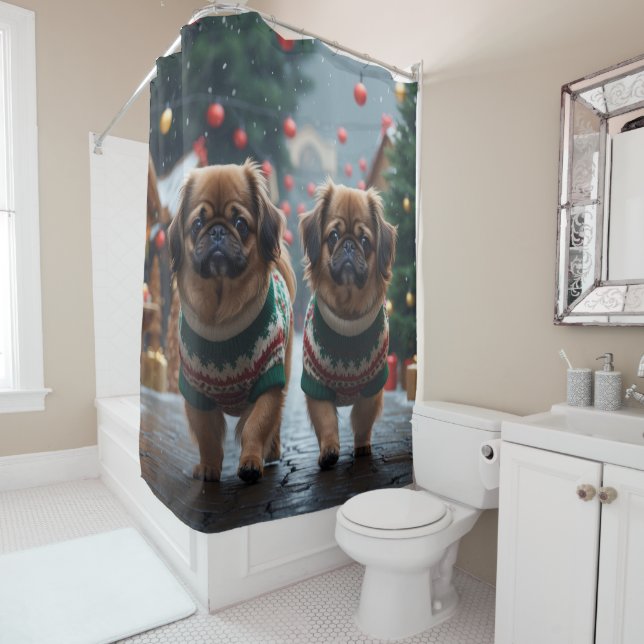 Pekingese Dogs Christmas Snow Holiday Shower Curtain (In Situ)