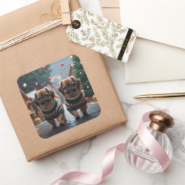 Pekingese Dogs Christmas Snow Holiday Square Sticker (Gifting)