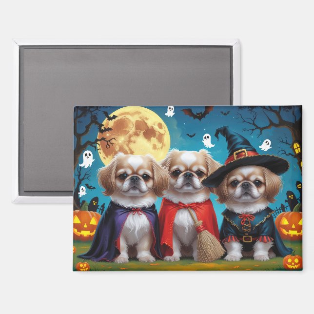 Pekingese Dogs Pumpkin Halloween Funny Magnet (Front/Back)