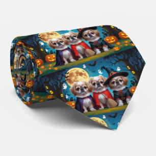 Pekingese Dogs Pumpkin Halloween Funny Tie