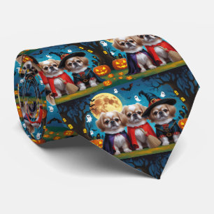 Pekingese Dogs Pumpkin Halloween Funny Tie