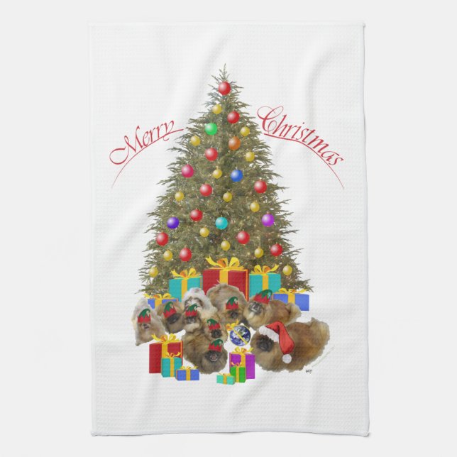 Pekingese Group Christmas Tea Towel (Vertical)