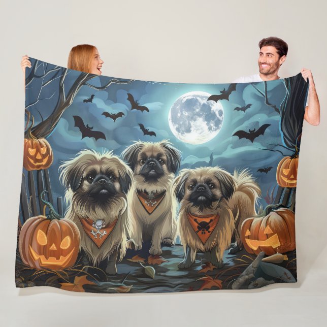 Pekingese Halloween Spooky Fleece Blanket (In Situ)