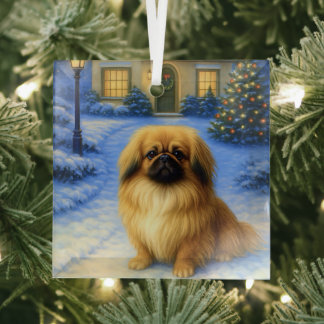 Pekingese Holiday Card Glass Tree Decoration