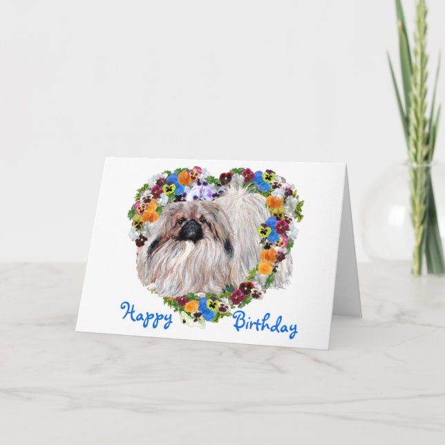 Pekingese in a Floral Heart Birthday Card (Front)