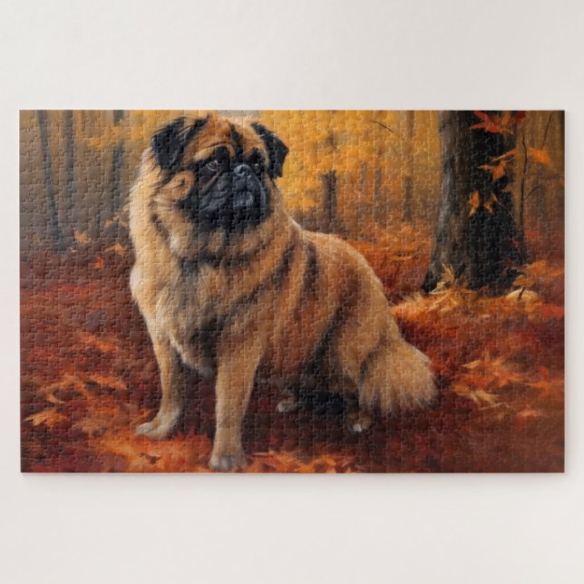 Pekingese in Autumn Leaves Fall Inspire Jigsaw Puzzle (Horizontal)