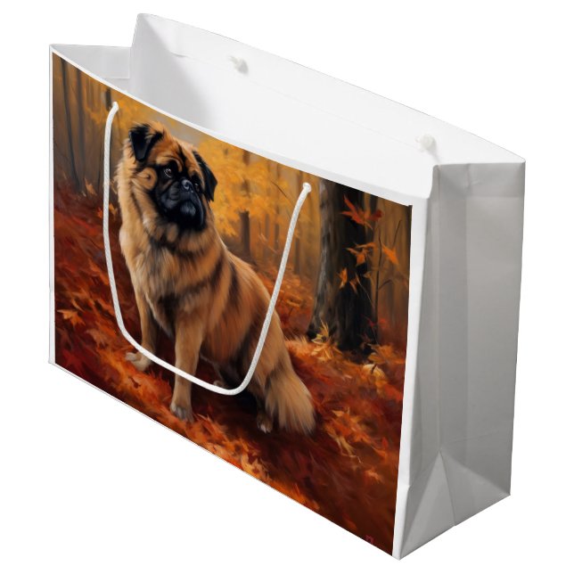 Pekingese in Autumn Leaves Fall Inspire Large Gift Bag (Front Angled)