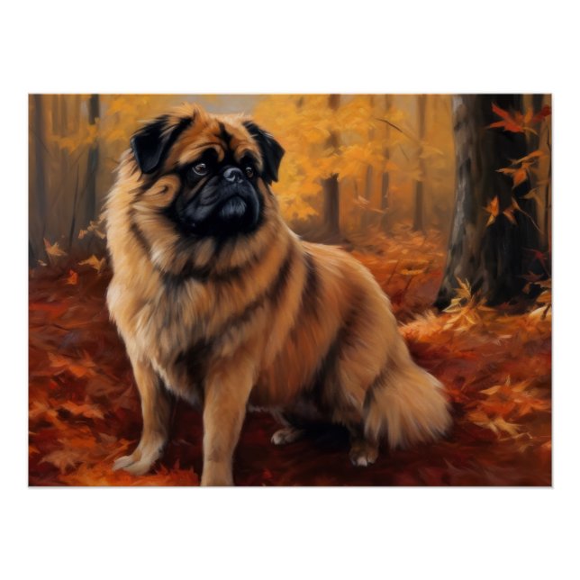 Pekingese in Autumn Leaves Fall Inspire Poster (Front)