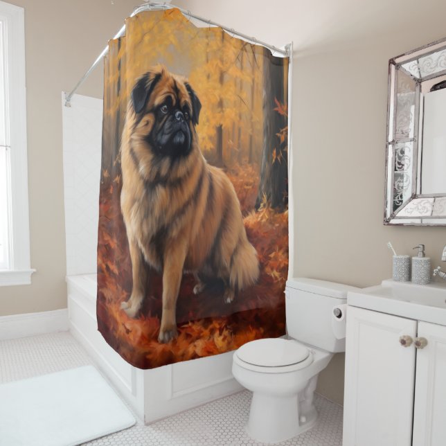 Pekingese in Autumn Leaves Fall Inspire Shower Curtain (In Situ)