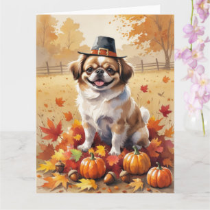 Pekingese In Autumn Leaves Thanksgiving Art  Card