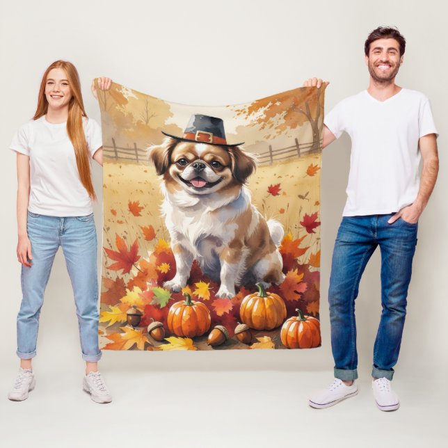 Pekingese In Autumn Leaves Thanksgiving Art  Fleece Blanket (In Situ)