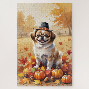 Pekingese In Autumn Leaves Thanksgiving Art  Jigsaw Puzzle