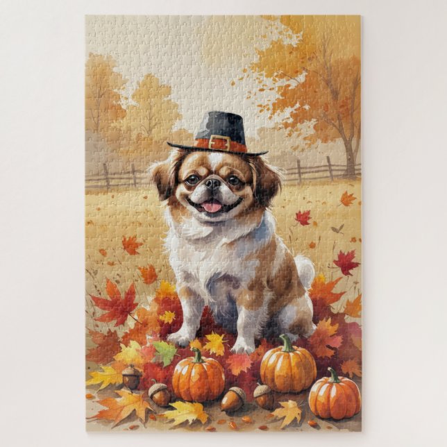 Pekingese In Autumn Leaves Thanksgiving Art  Jigsaw Puzzle (Vertical)