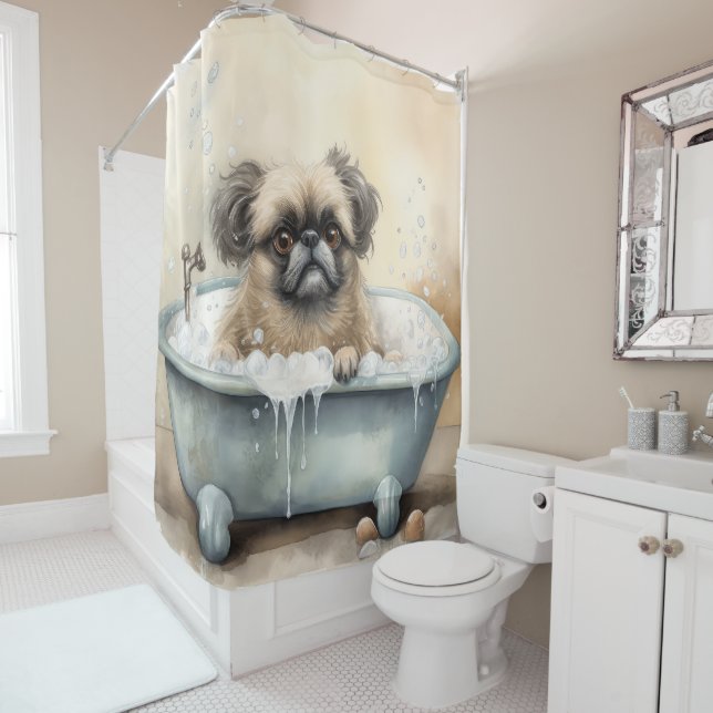 Pekingese In Bathtub Watercolor Dog Art Shower Shower Curtain (In Situ)