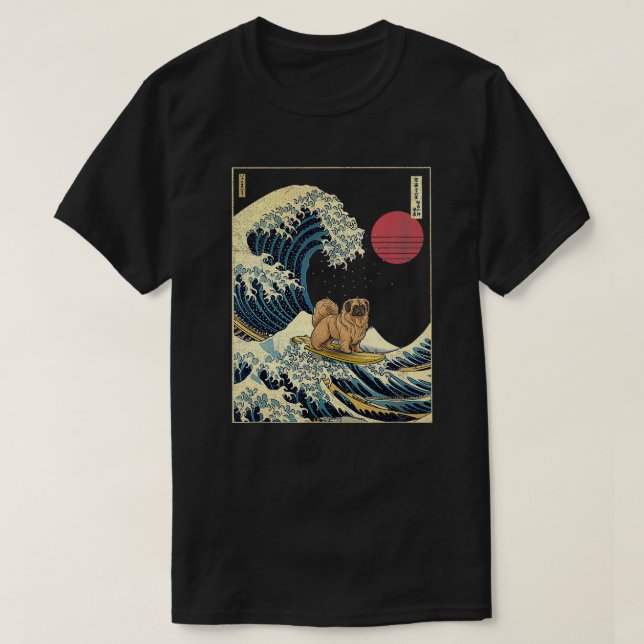 Pekingese Japanese Kanagawa Wave Funny Surf Dog  T-Shirt (Design Front)