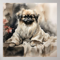Pekingese Lounging in a Silk Robe Ink Drawing 