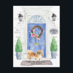 Pekingese Moving Announcement Postcard<br><div class="desc">Announce your new address with our stylish announcement featuring a Pekingese,  blue front door,  welcome mat,  slate sign,  topiaries and a floral wreath set on a grey brick background.</div>