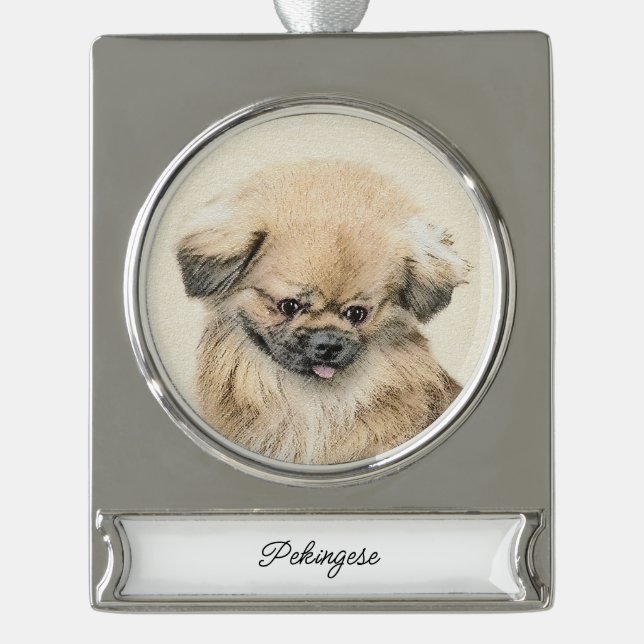 Pekingese Painting - Cute Original Dog Art Silver  Silver Plated Banner Ornament (Front)