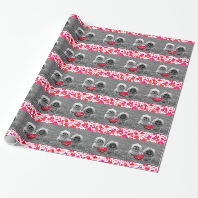 Pekingese Puppies wishing Happy Valentine's Day Wrapping Paper (Unrolled)