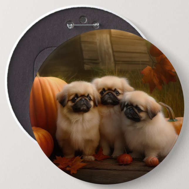 Pekingese Puppy Autumn Delight Pumpkin  6 Cm Round Badge (Front & Back)