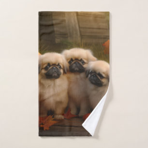 Pekingese Puppy Autumn Delight Pumpkin  Bath Towel Set