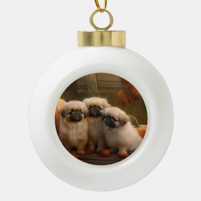 Pekingese Puppy Autumn Delight Pumpkin  Ceramic Ball Christmas Ornament (Front)