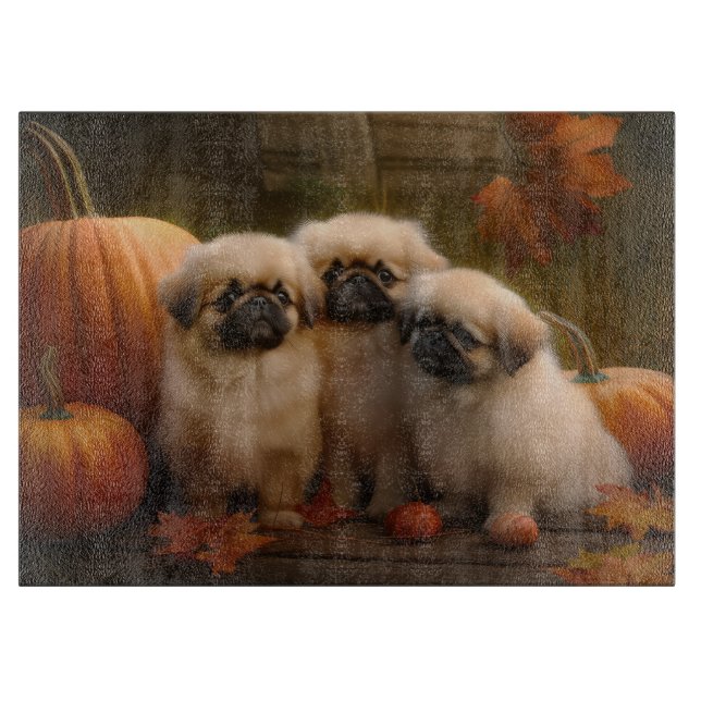 Pekingese Puppy Autumn Delight Pumpkin  Cutting Board (Front)