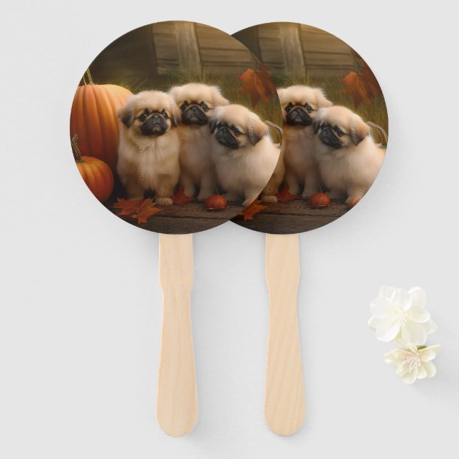 Pekingese Puppy Autumn Delight Pumpkin  Hand Fan (Front and Back)