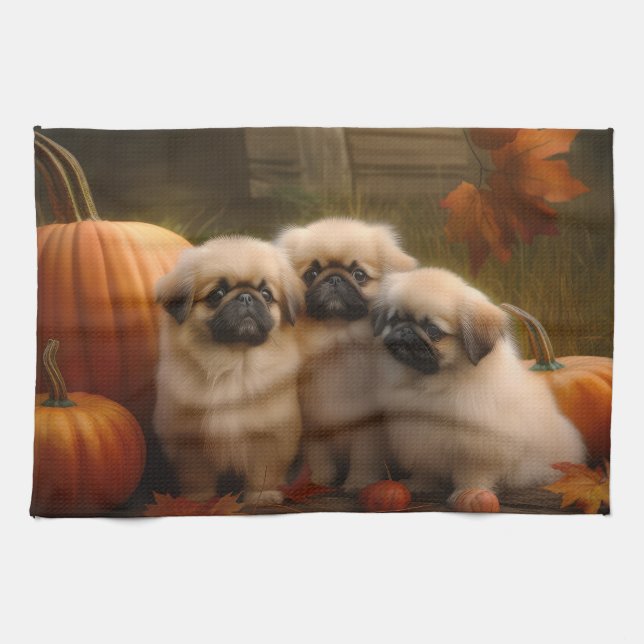 Pekingese Puppy Autumn Delight Pumpkin  Tea Towel (Horizontal)
