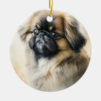 Pekingese puppy Watercolor Painting Ceramic Tree Decoration