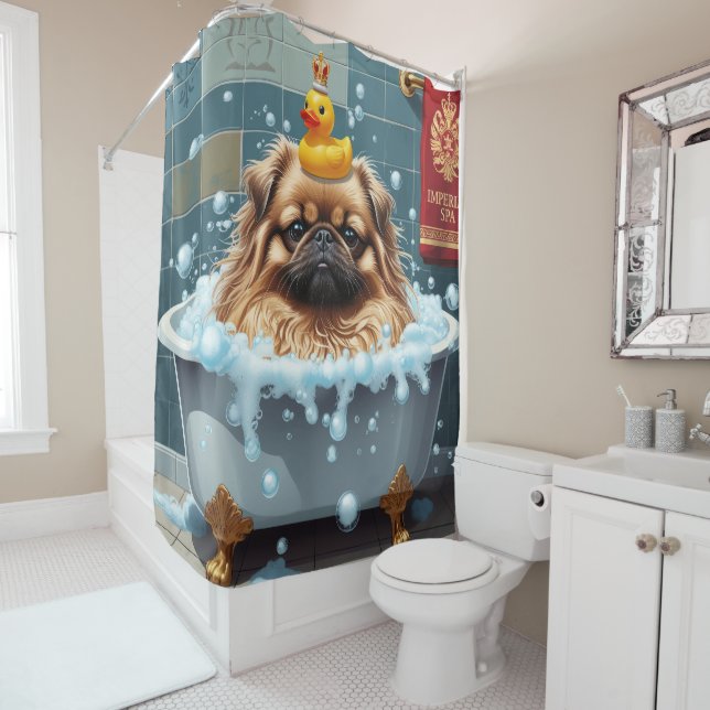 Pekingese Sloppy Sleepy Cute Funny Shower Curtain (In Situ)