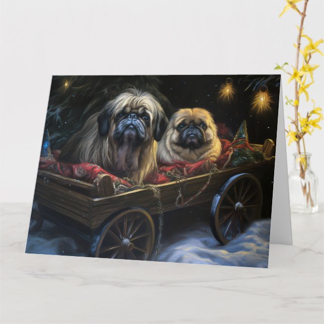 Pekingese Snowy Sleigh Christmas Decor  Card (Yellow Flower)