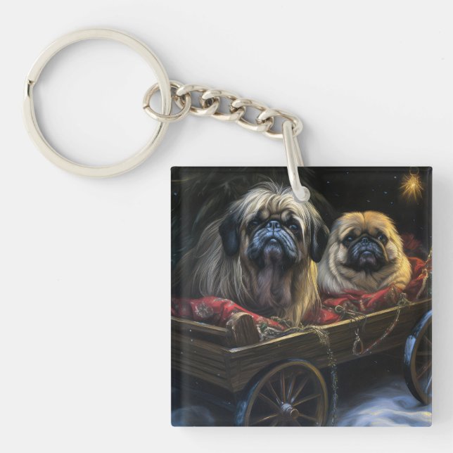 Pekingese Snowy Sleigh Christmas Decor  Key Ring (Front)